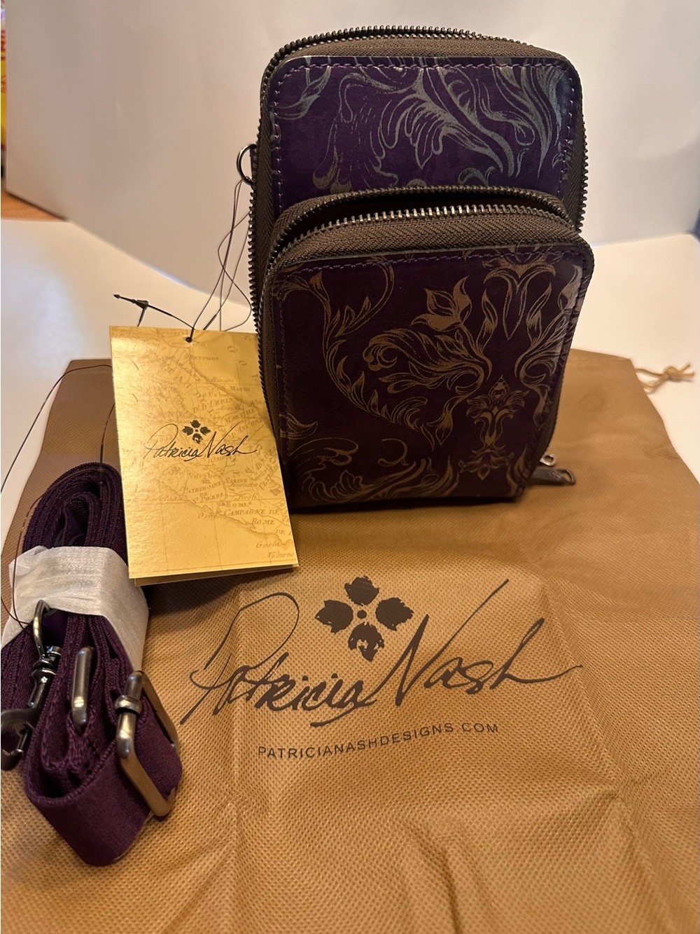 Patricia Nash Purple Floral Shelby Phone Crossbody Bag with Guitar Strap